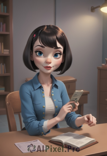 1girl,solo,breasts,looking at viewer,blush,smile,short hair,bangs,blue eyes,brown hair,shirt,black hair,hair ornament,long sleeves,holding,sitting,closed mouth,collarbone,jacket,white shirt,upper body,open clothes,hairclip,artist name,indoors,open jacket,lips,book,eyelashes,makeup,buttons,swept bangs,chair,table,bob cut,thick eyebrows,denim,lipstick,blue jacket,freckles,open book,unbuttoned,bookshelf,red lips,lamp,on chair,money,denim jacket,collared shirt,nail polish,blurry,fingernails,phone,cellphone,smartphone,holding phone,nose