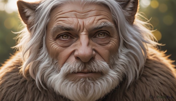 solo,looking at viewer,1boy,animal ears,brown eyes,closed mouth,white hair,male focus,cat ears,blurry,depth of field,blurry background,facial hair,portrait,beard,close-up,realistic,old,old man,fur,whiskers,wrinkled skin,yellow eyes,grey hair,lips,scar,nose,mustache,scar across eye,bokeh