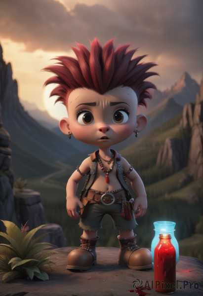 solo,looking at viewer,short hair,open mouth,brown hair,1boy,navel,brown eyes,jewelry,standing,full body,male focus,red hair,earrings,boots,outdoors,sky,shorts,belt,pants,cloud,necklace,chibi,blurry,vest,blood,blurry background,frown,piercing,bottle,grass,spiked hair,child,freckles,sunset,mountain,sun,male child,jar,potion,1girl,blush,open clothes,signature,torn clothes,denim,armband,dirty,open vest,torn pants,mohawk,cliff