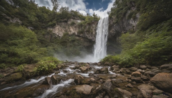 A waterfall portrayed in a refreshing day
