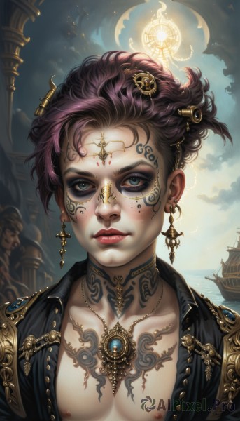 1girl,solo,looking at viewer,short hair,blue eyes,hair ornament,1boy,jewelry,closed mouth,nipples,collarbone,jacket,upper body,purple hair,male focus,earrings,open clothes,sky,choker,artist name,cloud,signature,necklace,mole,lips,grey eyes,eyelashes,open shirt,tattoo,makeup,watermark,facial mark,piercing,pectorals,lipstick,gem,portrait,eyeshadow,freckles,gold trim,realistic,nose,fantasy,red lips,eyeliner,watercraft,facial tattoo,gold,ship,mascara,steampunk,solo focus,water,ocean,cross,curly hair,circlet,nose piercing