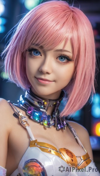 1girl,solo,breasts,looking at viewer,smile,short hair,bangs,blue eyes,cleavage,bare shoulders,medium breasts,closed mouth,upper body,pink hair,blurry,lips,eyelashes,makeup,depth of field,blurry background,bob cut,tank top,science fiction,realistic,cyborg,cyberpunk,mechanical parts,small breasts,collar,detached collar,swept bangs,pink lips,nose