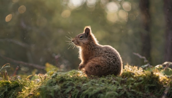 sitting, outdoors, blurry, no humans, depth of field, blurry background, animal, grass, nature, forest, realistic, animal focus, mouse, whiskers