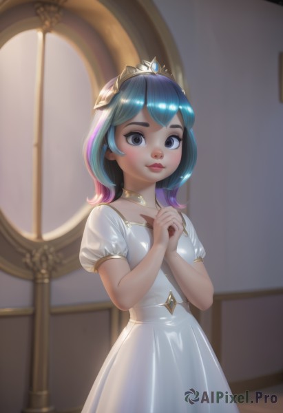 1girl,solo,looking at viewer,smile,short hair,bangs,blue eyes,dress,jewelry,closed mouth,blue hair,standing,pink hair,purple hair,short sleeves,multicolored hair,cowboy shot,small breasts,choker,puffy sleeves,shiny,artist name,indoors,medium hair,white dress,blurry,shiny hair,two-tone hair,puffy short sleeves,lips,grey eyes,hands up,gradient hair,makeup,own hands together,tiara,crown,own hands clasped,princess,blush,window,church