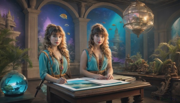 long hair,breasts,bangs,multiple girls,blonde hair,brown hair,dress,holding,2girls,cleavage,brown eyes,jewelry,medium breasts,sitting,earrings,sky,sleeveless,indoors,necklace,mole,lips,window,night,siblings,wavy hair,chair,looking away,table,plant,sisters,star (sky),night sky,scenery,desk,starry sky,fish,curly hair,paper,fantasy,pen,space,planet,pillar,column,globe,aquarium,blue eyes,underwater,potted plant,whale,seaweed