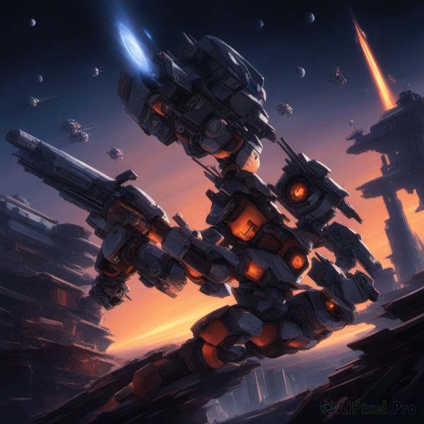 weapon,sky,gun,no humans,glowing,moon,robot,building,star (sky),mecha,flying,science fiction,sunset,city,battle,spacecraft,thrusters,blue eyes,holding,holding weapon,holding gun,explosion,one-eyed,firing