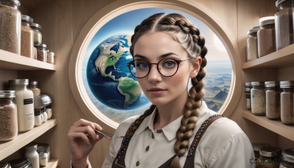 1girl,solo,long hair,looking at viewer,blue eyes,brown hair,shirt,holding,white shirt,upper body,braid,white hair,multicolored hair,glasses,collared shirt,artist name,indoors,twin braids,two-tone hair,lips,buttons,suspenders,bottle,freckles,black-framed eyewear,realistic,nose,round eyewear,planet,jar,earth (planet),globe,smile,black hair,closed mouth,fingernails,window,forehead,paintbrush