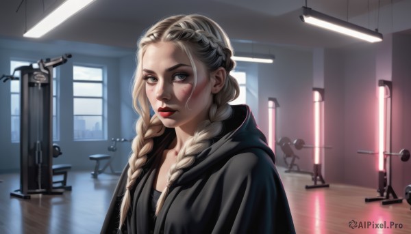 1girl,solo,long hair,looking at viewer,blue eyes,blonde hair,upper body,braid,parted lips,indoors,hood,twin braids,lips,grey eyes,window,makeup,hood down,lipstick,cloak,freckles,reflection,robe,realistic,nose,red lips,gym,collarbone,solo focus,mole,hoodie,parody,hair over shoulder,forehead,eyeshadow,black hoodie,mascara