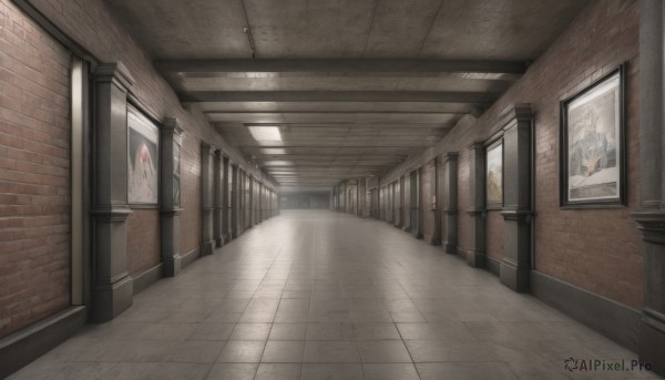 indoors,no humans,window,scenery,stairs,door,tiles,wall,tile floor,ceiling,hallway,day,sunlight,curtains,brick wall,pillar,painting (object),reflective floor