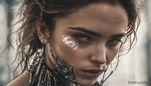 1girl,solo,long hair,looking at viewer,short hair,brown hair,black hair,jewelry,closed mouth,earrings,dark skin,blurry,black eyes,lips,eyelashes,blurry background,piercing,messy hair,portrait,close-up,science fiction,realistic,nose,android,cyborg,cyberpunk,mechanical parts,1boy,brown eyes,male focus,bandaid,bandaid on face,earpiece