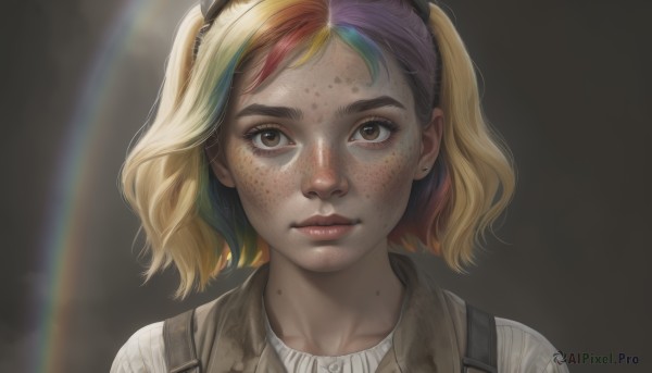 1girl,solo,looking at viewer,short hair,bangs,blonde hair,shirt,twintails,brown eyes,jewelry,closed mouth,white shirt,multicolored hair,hairband,earrings,two-tone hair,lips,portrait,freckles,realistic,nose,stud earrings,rainbow,dirty,rainbow hair,simple background,purple hair,red hair,green hair,streaked hair,black background,dirty face,dirty clothes