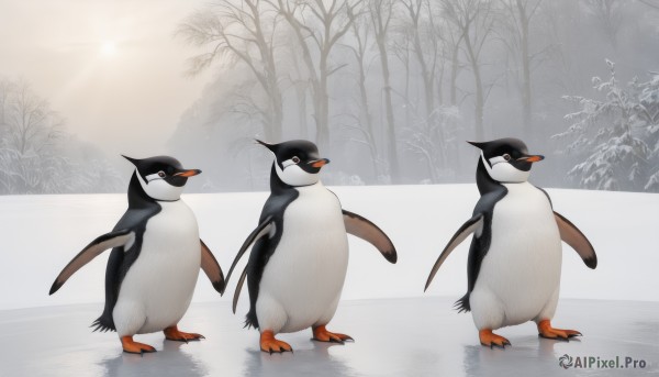 standing,outdoors,black eyes,from side,tree,no humans,bird,animal,nature,snow,reflection,animal focus,winter,bare tree,penguin,full body,sky,scenery,flock