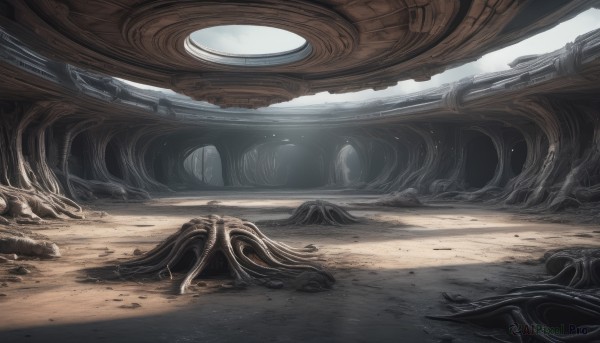 outdoors,day,no humans,scenery,science fiction,sand,ruins,desert,dust,sky,rock,space,planet,spacecraft,concept art