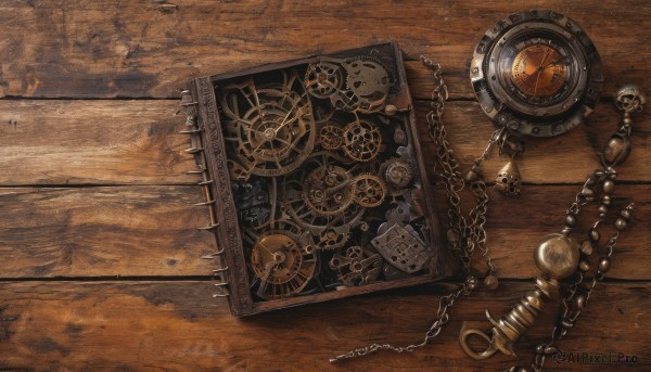 no humans,shadow,chain,from above,traditional media,scenery,watch,wooden floor,clock,gears,pocket watch,brown theme,still life,roman numeral,steampunk