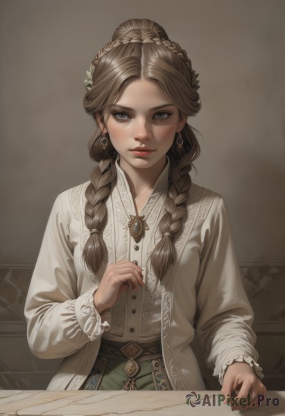 1girl,solo,long hair,looking at viewer,bangs,brown hair,shirt,hair ornament,long sleeves,dress,holding,brown eyes,jewelry,closed mouth,white shirt,upper body,braid,earrings,indoors,twin braids,lips,fingernails,grey eyes,table,brooch,green skirt,gem,hair over shoulder,freckles,paper,realistic,nose,blush,skirt,white dress,mole,parted bangs,buttons,watermark,blouse,mole under mouth