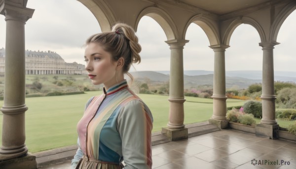 1girl,solo,breasts,brown hair,long sleeves,brown eyes,upper body,ponytail,outdoors,sky,day,cloud,lips,grass,scenery,mountain,realistic,looking afar,architecture,pillar,column,dress,parted lips,sunlight