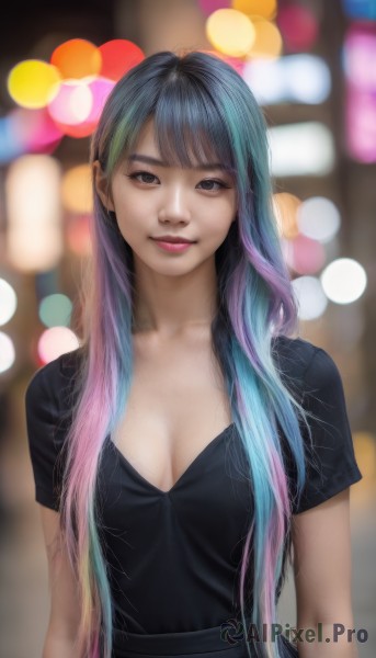 1girl,solo,long hair,breasts,looking at viewer,smile,bangs,shirt,dress,cleavage,brown eyes,medium breasts,blue hair,collarbone,upper body,pink hair,short sleeves,multicolored hair,parted lips,artist name,blunt bangs,blurry,black eyes,black dress,two-tone hair,lips,head tilt,black shirt,makeup,depth of field,blurry background,realistic,nose,arms at sides,bokeh,black hair,jewelry,purple hair,earrings,gradient hair,watermark,lipstick