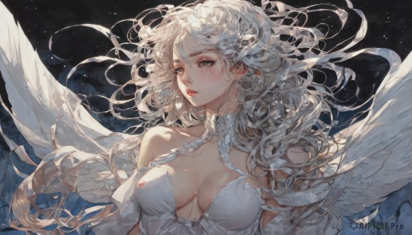 1girl,solo,long hair,breasts,looking at viewer,bangs,large breasts,dress,cleavage,hair between eyes,bare shoulders,brown eyes,medium breasts,nipples,collarbone,upper body,white hair,parted lips,detached sleeves,wings,white dress,covered nipples,lips,see-through,grey eyes,eyelashes,floating hair,wavy hair,black background,wind,breasts apart,feathered wings,angel wings,white wings,angel,red lips,simple background,very long hair,halterneck,messy hair,white ribbon,nose