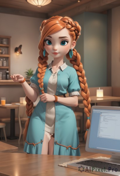 1girl,solo,long hair,breasts,looking at viewer,blush,smile,bangs,blue eyes,brown hair,dress,jewelry,very long hair,standing,collarbone,braid,short sleeves,cowboy shot,earrings,open clothes,puffy sleeves,artist name,indoors,orange hair,blurry,twin braids,bracelet,cup,puffy short sleeves,lips,makeup,blue dress,swept bangs,watermark,chair,table,plant,web address,drinking glass,freckles,unbuttoned,lamp,computer,monitor,bar (place),closed mouth,underwear,panties,small breasts,white panties,book,ass visible through thighs,thigh gap,thick eyebrows,pink lips,nose,crown braid,open dress