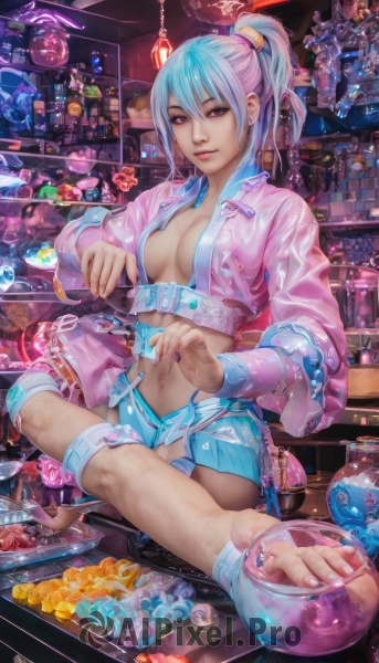 1girl,solo,long hair,breasts,looking at viewer,smile,bangs,skirt,red eyes,long sleeves,navel,cleavage,jewelry,medium breasts,sitting,blue hair,jacket,ponytail,multicolored hair,food,open clothes,shorts,midriff,belt,indoors,pink eyes,nail polish,feet,two-tone hair,open jacket,lips,see-through,short shorts,no bra,toes,soles,sandals,crossed legs,bottle,pink nails,cropped jacket,toenails,realistic,nose,toenail polish,pink jacket,hair between eyes,purple eyes,shoes,barefoot,artist name,watermark,foreshortening,breasts apart,web address,coin,jar,shop,neon lights,loaded interior