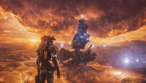 solo,1boy,holding,standing,weapon,outdoors,sky,cloud,from behind,holding weapon,armor,gun,glowing,helmet,cloudy sky,robot,holding gun,scenery,mecha,rifle,1other,smoke,science fiction,sunset,sun,alien,spacecraft,desert,dust,gloves,male focus,cowboy shot,pants,ocean,fire,realistic,horizon,power armor