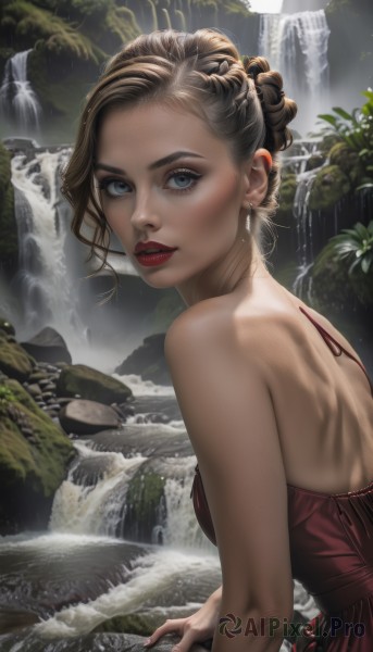 1girl,solo,breasts,looking at viewer,blue eyes,blonde hair,brown hair,dress,bare shoulders,jewelry,upper body,braid,earrings,outdoors,parted lips,teeth,looking back,water,hair bun,lips,eyelashes,makeup,back,red dress,single hair bun,lipstick,nature,backless outfit,realistic,red lips,backless dress,waterfall,short hair,medium breasts,artist name,nail polish,watermark,piercing,strapless dress,curly hair,updo