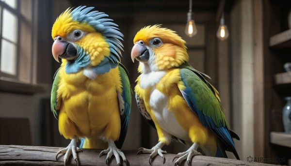 HQ,open mouth,standing,wings,indoors,blurry,black eyes,pokemon (creature),no humans,window,depth of field,blurry background,bird,animal,feathers,realistic,animal focus,talons,beak,looking at viewer,brown eyes,closed mouth,full body,light bulb,parrot