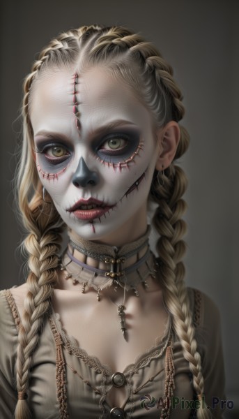 1girl,solo,long hair,breasts,looking at viewer,blonde hair,simple background,dress,cleavage,jewelry,medium breasts,closed mouth,green eyes,collarbone,yellow eyes,upper body,braid,earrings,choker,grey background,necklace,twin braids,lips,grey eyes,eyelashes,blood,makeup,scar,piercing,lipstick,pale skin,lace,eyeshadow,red lips,stitches,mascara,stitched face,multiple braids,smile,parted lips,detached collar,heterochromia,fangs,facial mark,hair over shoulder,forehead,realistic,nose,facepaint,grey skin,zombie,horror (theme)