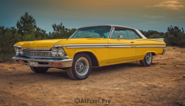 outdoors,sky,cloud,tree,no humans,ground vehicle,nature,scenery,motor vehicle,forest,car,road,vehicle focus,driving,wheel,sports car