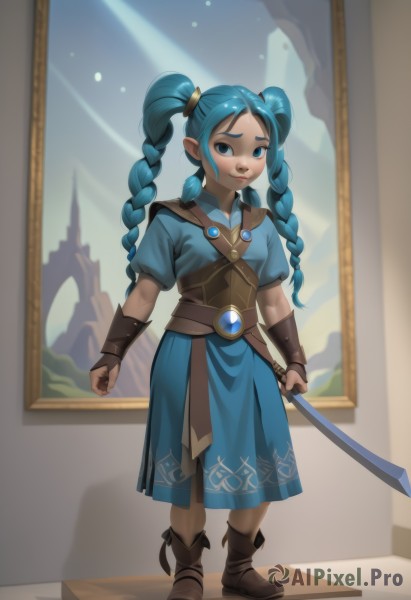 1girl,solo,long hair,breasts,looking at viewer,smile,bangs,blue eyes,skirt,shirt,dress,holding,twintails,closed mouth,blue hair,standing,full body,weapon,braid,short sleeves,boots,pointy ears,puffy sleeves,shiny,belt,sword,artist name,indoors,holding weapon,shiny hair,twin braids,puffy short sleeves,blue skirt,blurry background,blue dress,brown footwear,holding sword,knee boots,aged down,brown belt,child,brown gloves,female child,painting (object)