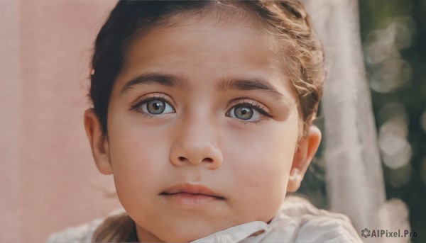 1girl,solo,long hair,looking at viewer,brown hair,1boy,brown eyes,closed mouth,male focus,blurry,lips,grey eyes,depth of field,blurry background,expressionless,child,portrait,close-up,realistic,nose,short hair,black hair,mask,mouth mask