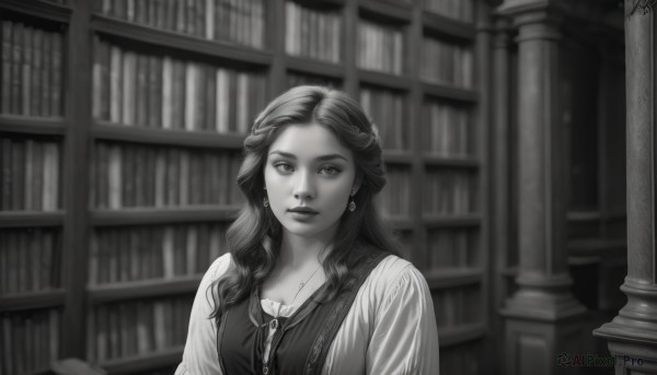 1girl,solo,long hair,looking at viewer,shirt,long sleeves,jewelry,closed mouth,monochrome,upper body,braid,greyscale,earrings,artist name,indoors,signature,necklace,blurry,vest,lips,book,eyelashes,depth of field,blurry background,pendant,realistic,nose,bookshelf,library,breasts,bangs,dress,looking to the side,pillar