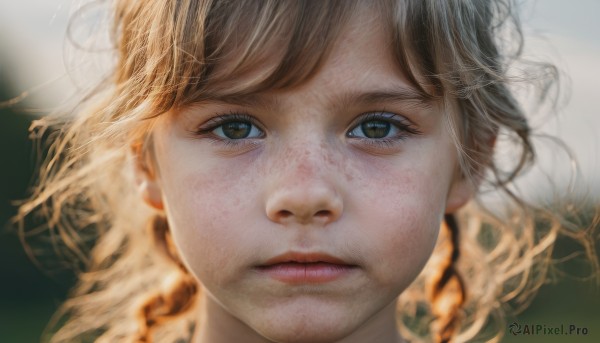 1girl,solo,looking at viewer,bangs,blonde hair,brown hair,brown eyes,closed mouth,blurry,lips,depth of field,blurry background,expressionless,messy hair,portrait,close-up,freckles,realistic,nose,short hair,eyelashes