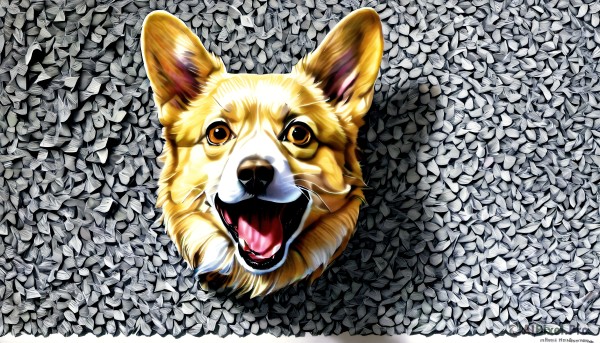 HQ,solo,looking at viewer,open mouth,brown eyes,teeth,tongue,tongue out,no humans,animal,fangs,from above,looking up,dog,animal focus,shiba inu,grey background,watermark,realistic