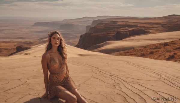 1girl,solo,long hair,breasts,looking at viewer,brown hair,black hair,hair ornament,dress,cleavage,bare shoulders,brown eyes,jewelry,medium breasts,sitting,collarbone,flower,outdoors,sky,sleeveless,cloud,hair flower,dark skin,dark-skinned female,lips,bare arms,sleeveless dress,arm support,short dress,scenery,mountain,realistic,sand,brown dress,mountainous horizon,desert,plunging neckline,closed mouth,makeup,beach,sepia,brown theme