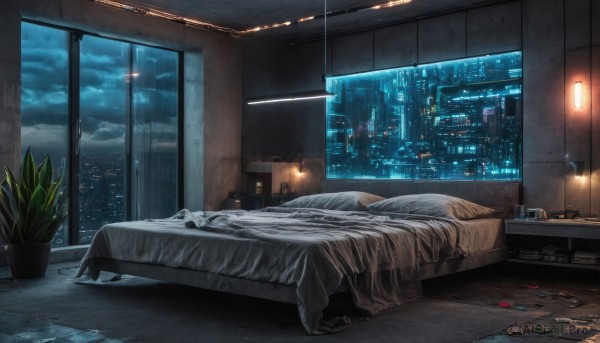 sky,cloud,indoors,cup,pillow,no humans,window,bed,night,bed sheet,on bed,table,cloudy sky,plant,curtains,building,night sky,scenery,rain,wooden floor,city,clock,potted plant,lamp,cityscape,computer,bedroom,skyscraper,city lights,skyline,bottle,wall