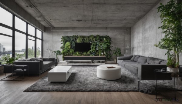 sky,day,cloud,indoors,tree,cup,pillow,no humans,window,bed,chair,table,plant,curtains,building,scenery,couch,plate,wooden floor,potted plant,cityscape,kitchen,sink,cable,computer,television,carpet,rug