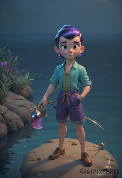 solo,looking at viewer,smile,short hair,shirt,black hair,1boy,holding,brown eyes,jewelry,closed mouth,standing,full body,purple hair,flower,male focus,earrings,outdoors,shoes,shorts,collared shirt,water,black eyes,night,brown footwear,suspenders,blue shirt,child,blue shorts,hand in pocket,rock,green shirt,male child,suspender shorts,purple shorts,blush,jacket,artist name,signature,grass,sleeves rolled up,fishing rod