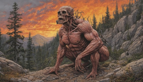 solo,1boy,male focus,outdoors,sky,teeth,cloud,tree,no humans,muscular,abs,squatting,cloudy sky,grass,nature,scenery,forest,veins,skull,sunset,monster,rock,mountain,orange sky,red sky,full body,skeleton,twilight,horror (theme)