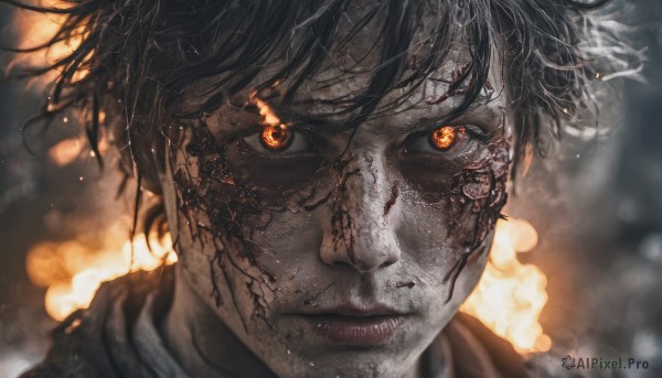 solo,looking at viewer,short hair,bangs,black hair,1boy,brown eyes,closed mouth,male focus,parted lips,blurry,lips,orange eyes,blurry background,glowing,scar,portrait,close-up,smoke,red eyes,depth of field,facial hair,heterochromia,messy hair,realistic,stubble,burning