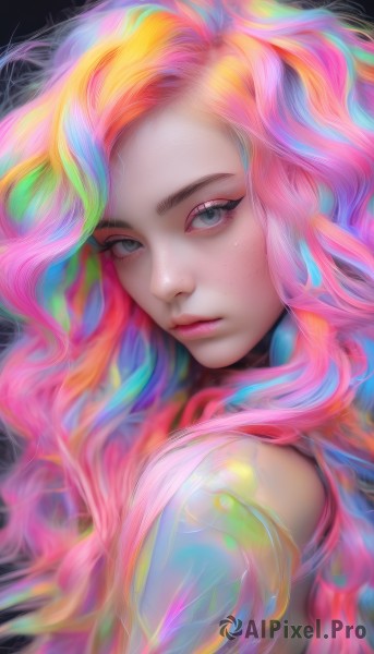 1girl,solo,long hair,looking at viewer,blue eyes,simple background,closed mouth,blue hair,upper body,pink hair,multicolored hair,artist name,lips,streaked hair,grey eyes,eyelashes,makeup,watermark,wavy hair,black background,portrait,eyeshadow,freckles,pink lips,nose,colorful,rainbow hair,blonde hair,orange hair,web address