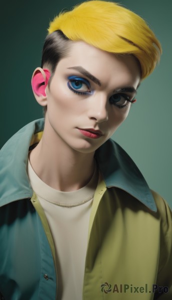 solo,looking at viewer,short hair,blue eyes,blonde hair,simple background,shirt,black hair,1boy,jewelry,jacket,white shirt,upper body,male focus,multicolored hair,two-tone hair,lips,eyelashes,makeup,piercing,lipstick,eyeshadow,green background,realistic,nose,very short hair,undercut,mohawk,1girl,closed mouth,necklace,open jacket,eyeliner,mascara