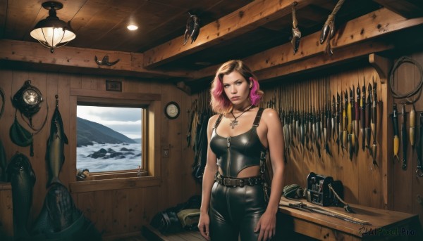 1girl,solo,breasts,looking at viewer,short hair,blonde hair,brown hair,cleavage,bare shoulders,brown eyes,jewelry,medium breasts,closed mouth,standing,collarbone,weapon,pink hair,multicolored hair,cowboy shot,sky,sleeveless,belt,pants,cloud,indoors,medium hair,necklace,two-tone hair,lips,gun,bare arms,window,black pants,tank top,cross,knife,zipper,realistic,clock,lamp,key,watercraft,leather,cross necklace,leather pants,sword