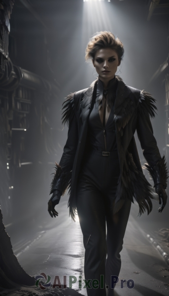 1girl,solo,breasts,looking at viewer,short hair,blonde hair,brown hair,shirt,gloves,long sleeves,cleavage,brown eyes,jewelry,medium breasts,closed mouth,standing,jacket,open clothes,necktie,black gloves,belt,pants,artist name,dark skin,necklace,dark-skinned female,black jacket,fur trim,black shirt,black pants,formal,sunlight,suit,walking,light rays,arms at sides,feather trim,pant suit,black lips,black hair,lips,coat,backlighting,very short hair,very dark skin,alley