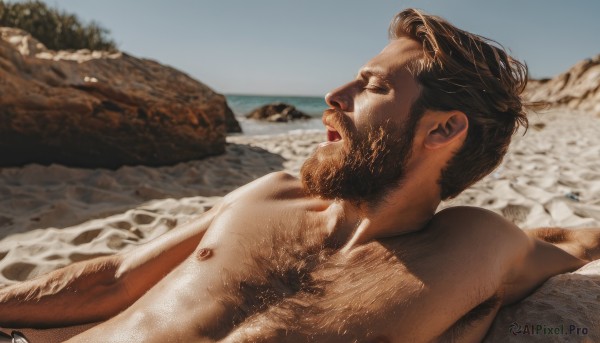 solo,short hair,brown hair,1boy,nipples,closed eyes,upper body,male focus,nude,outdoors,lying,day,on back,water,blurry,muscular,facial hair,beach,pectorals,muscular male,bara,beard,topless male,mature male,realistic,mustache,sand,manly,chest hair,navel hair,photo background,armpit hair,leg hair,arm hair,hairy,fine art parody,open mouth,sky,artist name,signature,from side,blue sky,blurry background,ocean,rock