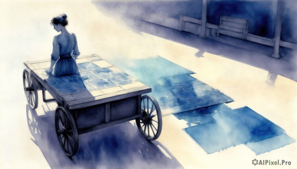 HQ,1girl,solo,short hair,skirt,shirt,black hair,dress,sitting,standing,white shirt,short sleeves,outdoors,water,hair bun,from behind,shadow,single hair bun,ground vehicle,reflection,bench,wheelchair,long sleeves,blue skirt,bandages,blue theme,facing away,puddle,surreal,wheel