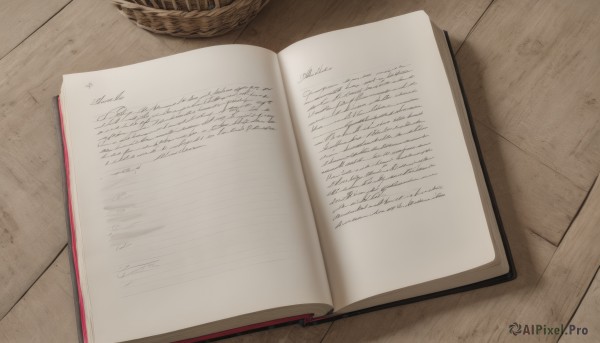 indoors,english text,book,no humans,shadow,table,wooden floor,paper,open book,basket,still life,wooden table,solo,from above,wood