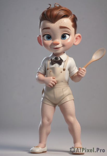 solo,looking at viewer,smile,short hair,open mouth,blue eyes,simple background,brown hair,shirt,1boy,bow,holding,standing,full body,white shirt,male focus,shoes,shorts,teeth,collared shirt,artist name,bowtie,grey background,black bow,white footwear,suspenders,child,freckles,black bowtie,spoon,overalls,male child,holding spoon,suspender shorts,aged down