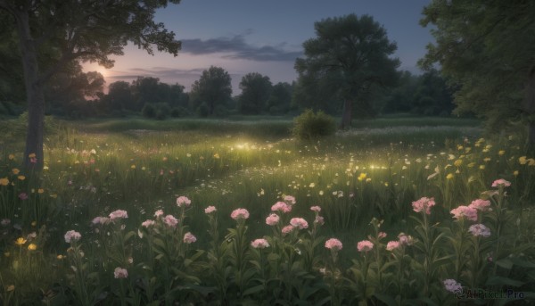 flower,outdoors,sky,day,cloud,tree,blue sky,no humans,cloudy sky,grass,plant,nature,scenery,pink flower,forest,yellow flower,field,water,night,sunset,horizon,bush,flower field,landscape,lake,gradient sky