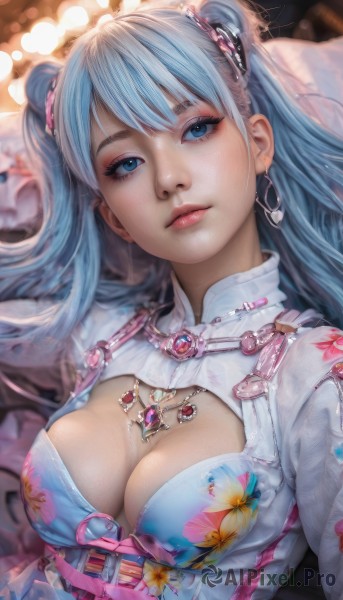 1girl,solo,long hair,breasts,looking at viewer,bangs,blue eyes,large breasts,hair ornament,cleavage,twintails,jewelry,medium breasts,closed mouth,blue hair,upper body,earrings,belt,artist name,necklace,blurry,two side up,lips,clothing cutout,eyelashes,makeup,floral print,cleavage cutout,gem,eyeshadow,realistic,nose,mascara,depth of field,blurry background,expressionless